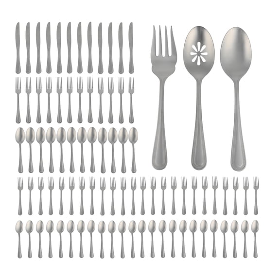 Gibson Home Sinta 87-Piece Stainless Steel Flatware Set with Bead Border Design Service for 12 Plus Serving Utensils, Polished Silverware, Dishwasher Safe