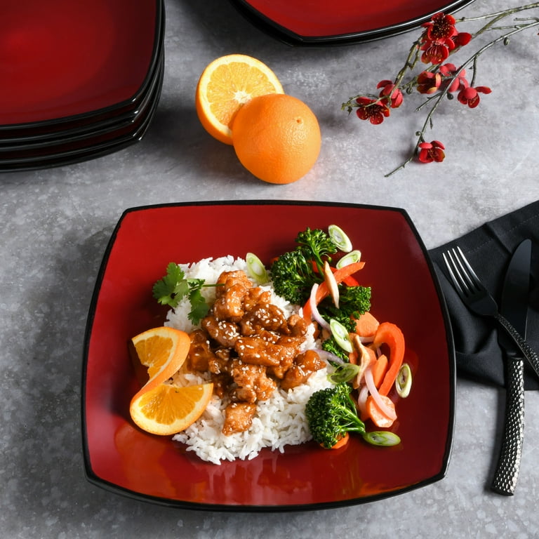 Gibson Home Soho Lounge Square Dinner Plates, Red, Set of