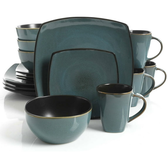 Gibson Home Soho Lounge Soft Square Dinnerware Set, 16pc,Teal Green