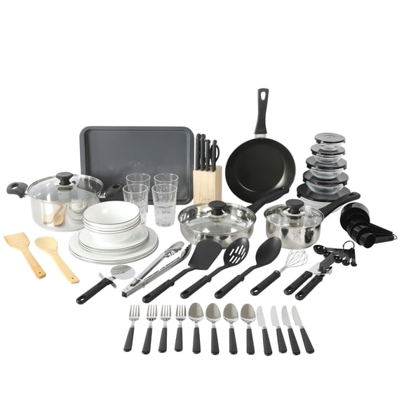 Gibson Home Stainless Steel Cookware Set, Pots and Pans with Dinnerware, Bakeware, and Utensils, 71-Piece