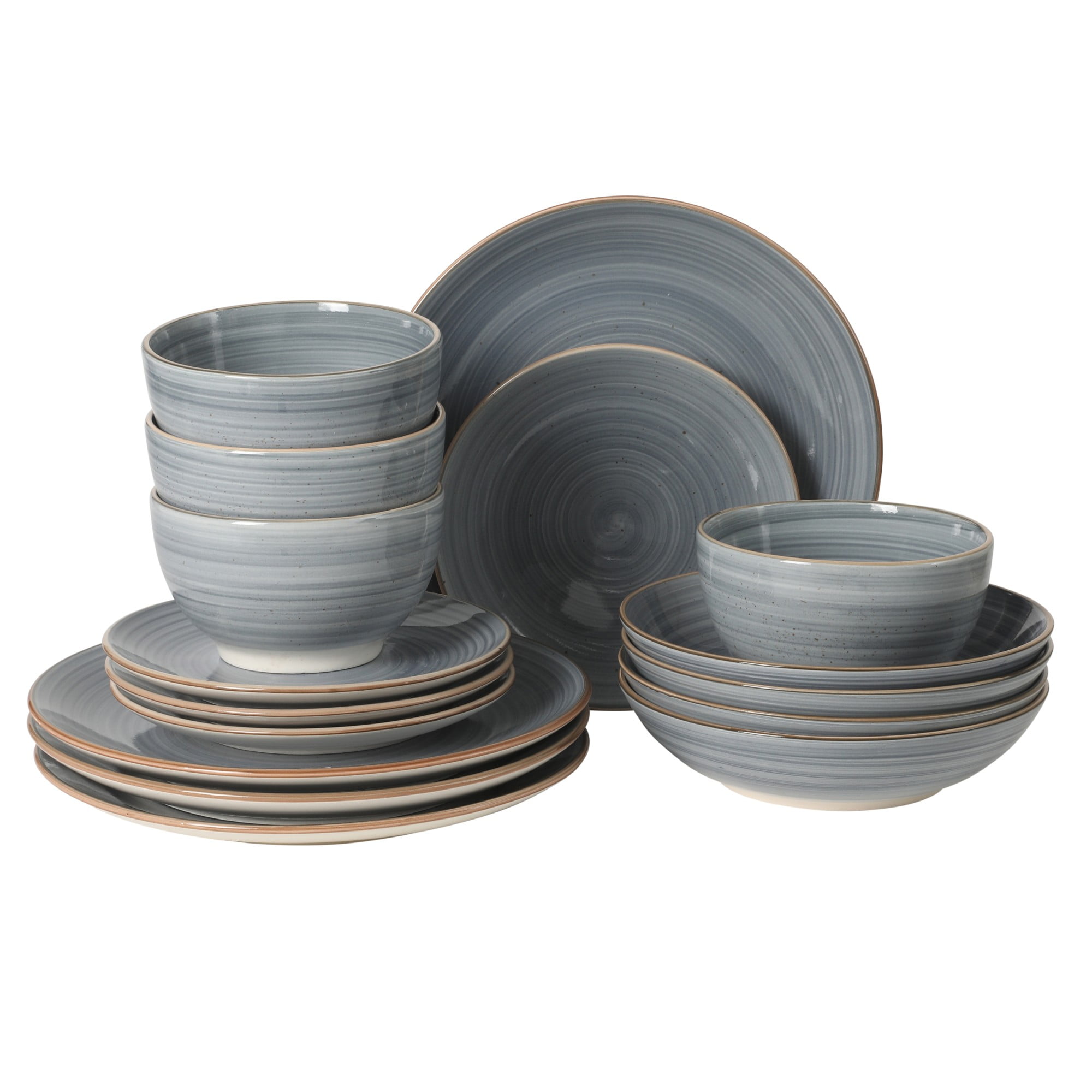Gibson Home Stonebury 16 Piece Plates and Bowls Blue Dishes - Handpainted Stoneware Dinnerware Set - Service for 4
