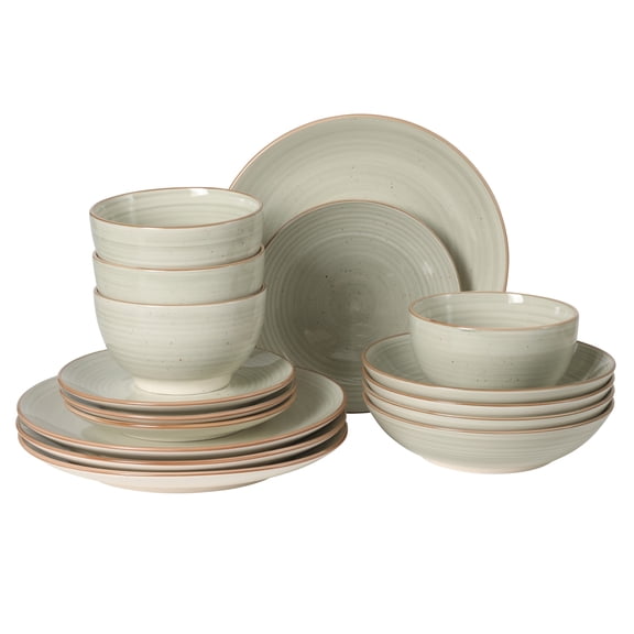 Gibson Home Stonebury 16 Piece Plates and Bowls Cream Grey Dishes - Handpainted Stoneware Dinnerware Set - Service for 4