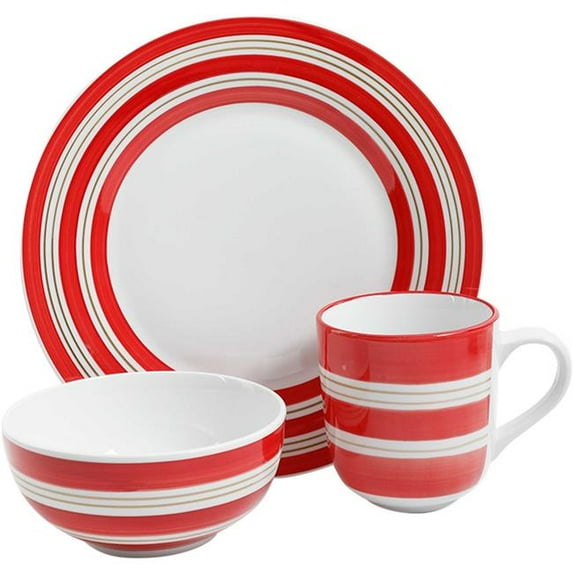 Gibson Home Sunset Stripes 12 Piece Round Fine Ceramic Dinnerware Set in Red