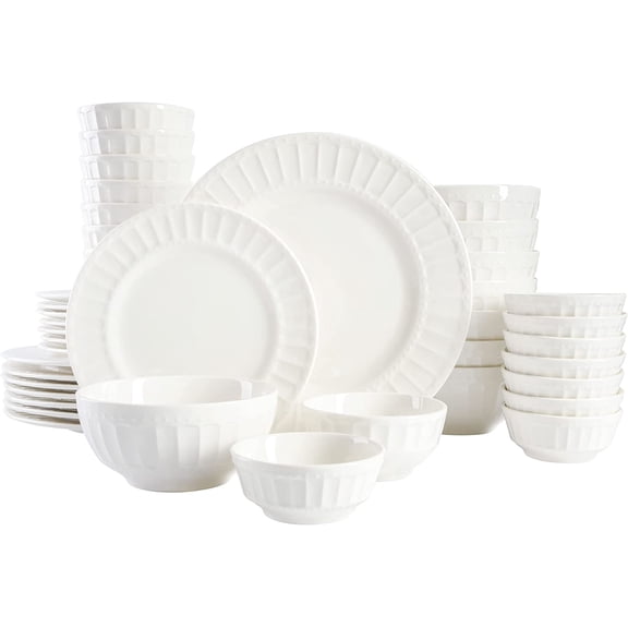 Gibson Home Zen Buffet Porcelain Ceramic Dinnerware Sets for 8, Plates and Bowls Set (40pcs), White Embossed Dishes