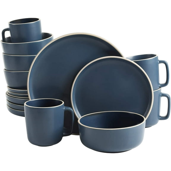 Gibson Home Zuma 16 Piece Round Kitchen Dinnerware Set, Dishes, Plates, Bowls, Mugs, Service for 4, Matte Stoneware, Blue