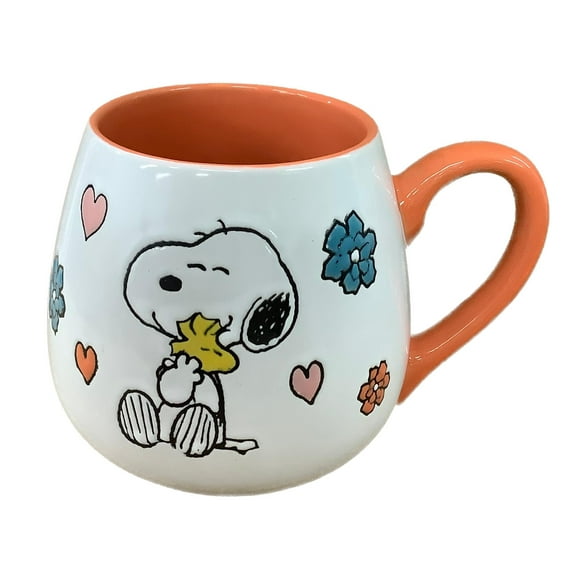 Gibson Homewares Peanuts Belly Mug Flowers, Hearts & Hugs, Orange Handle & Interior