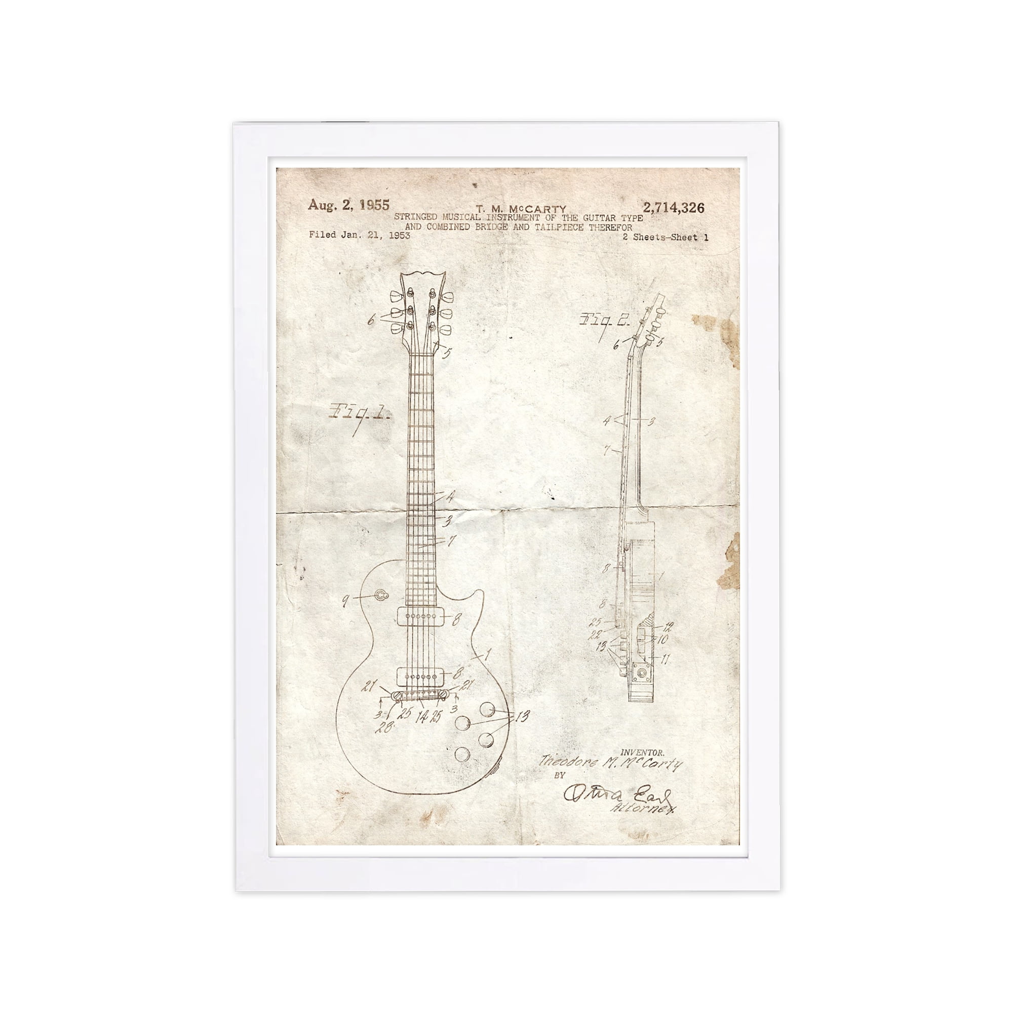 Wynwood Studio 'Gibson Les Paul Guitar 1955 Parchment' Music and Dance Framed Wall Art Print - Brown, White
