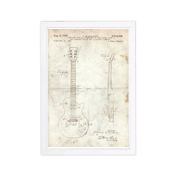 Gibson Les Paul Guitar 1955 Parchment Music and Dance 13" x 1.00" Framed Painting Art Print, by Wynwood Studio