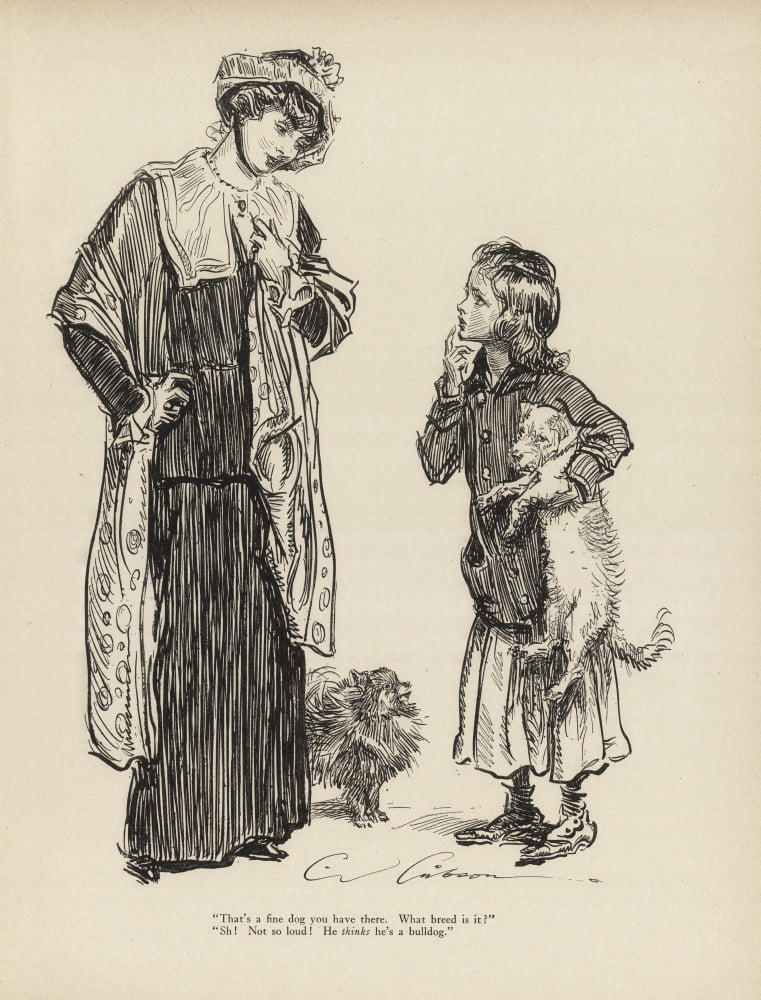 Gibson New Cartoons 1916 Woman & child with dogs Canvas Art - Charles Dana Gibson (24 x 36)