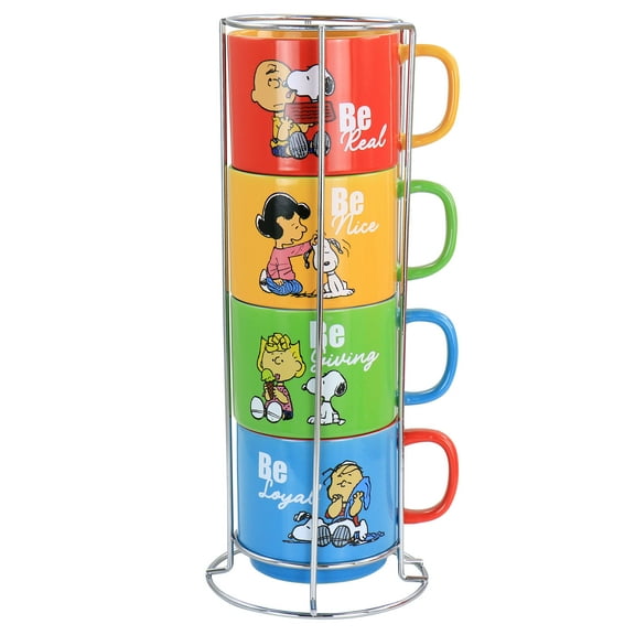 Gibson 134061.05 Peanuts Classic Gentle Reminders Collection Sto are Stackable Mug Set with Metal Stand, Assorted Color - 4 Piece