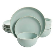 Gibson Rockaway 12 Piece Stoneware Dinnerware Set, Plates & Bowls, Teal