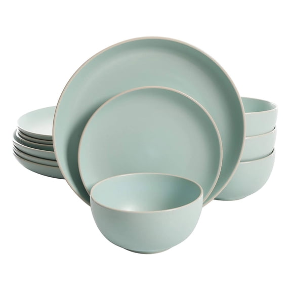 Gibson Rockaway 12 Piece Stoneware Dinnerware Set, Plates & Bowls, Teal