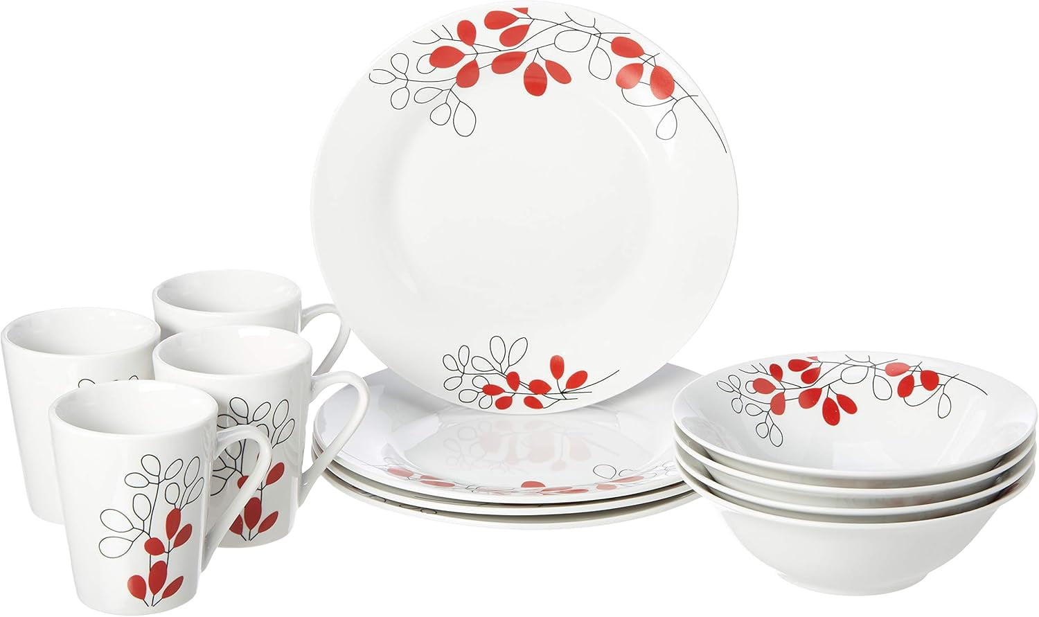 Gibson Scarlet Leaves 12-Piece Porcelain Dinnerware Set – Red & Gray Leaf Design, Service for 4 – Microwave & Dishwasher Safe