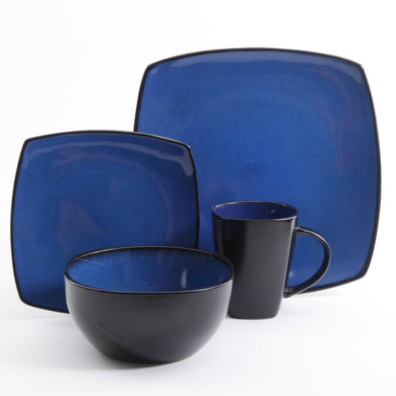 Gibson Soho Lounge 16-Piece Square Stoneware Dinnerware Set in Red Modern Blue and Black Dish Set for Stylish Dining, Microwave & Dishwasher Safe