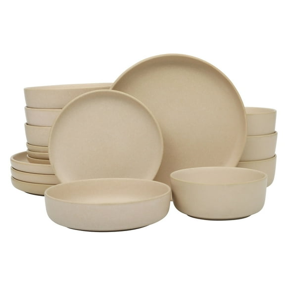 Gibson Soho Lounge Pasco 16 Piece (Service for 4) Plates and Bowls Double Bowl Reactive Glaze Dishes Stoneware Ceramic Dinnerware Set - Cream