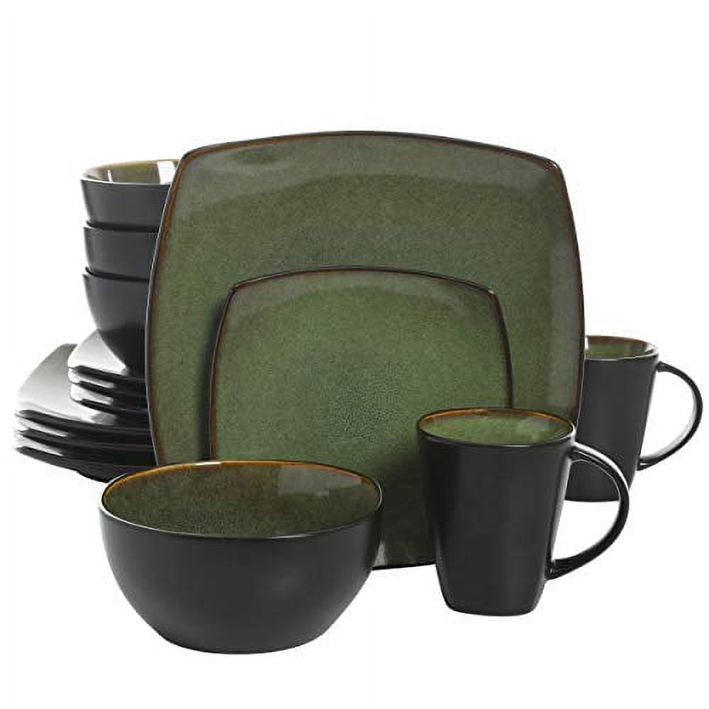 Green and Black Square Porcelain Dinnerware Set for 4