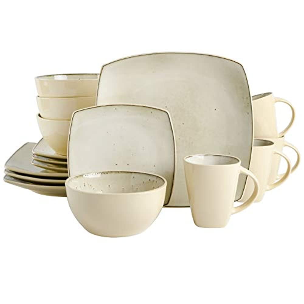 Gibson Modern Stoneware 16Piece Elegant Dinnerware Set Soho Lounge Square, Speckled Taupe