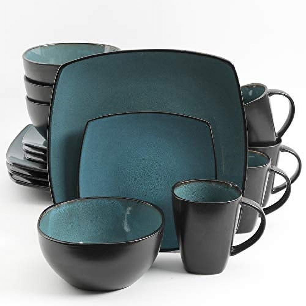 Teal and Black Square Porcelain Dinnerware Set, Service for 4