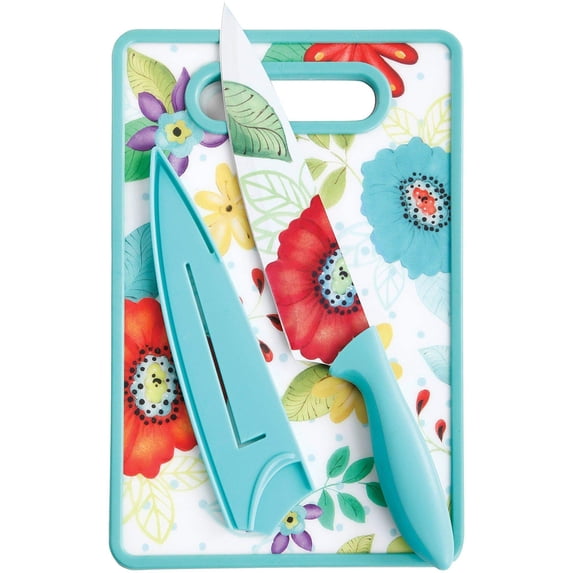 STUDIO CALIFORNIA 112065.03 Studio California Jordana Cutlery Knife & Cutting Board Set in Turquoise Floral Pattern - 3 Piece