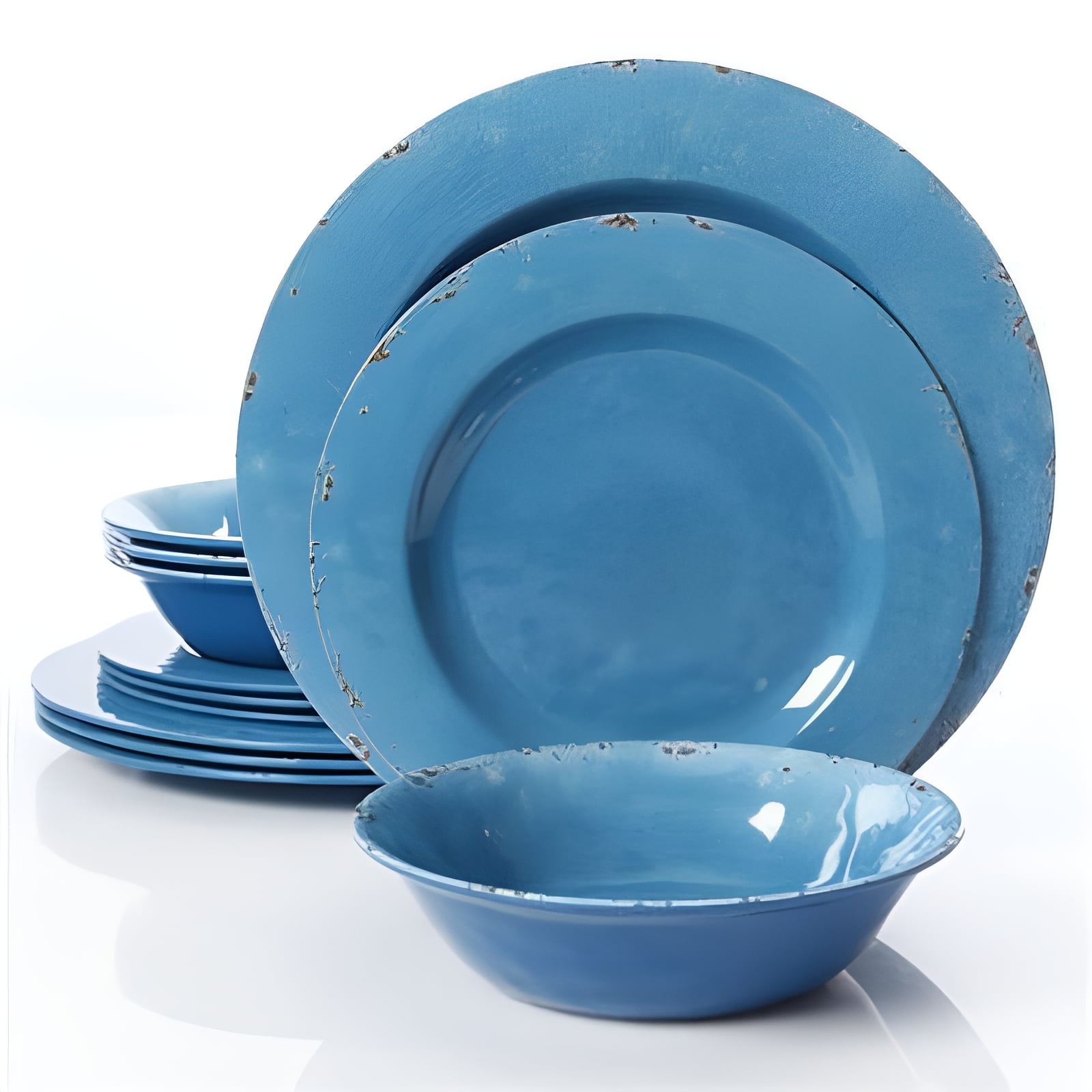 Mauna Blue Crackle Melamine Dinnerware Set, Service for 4