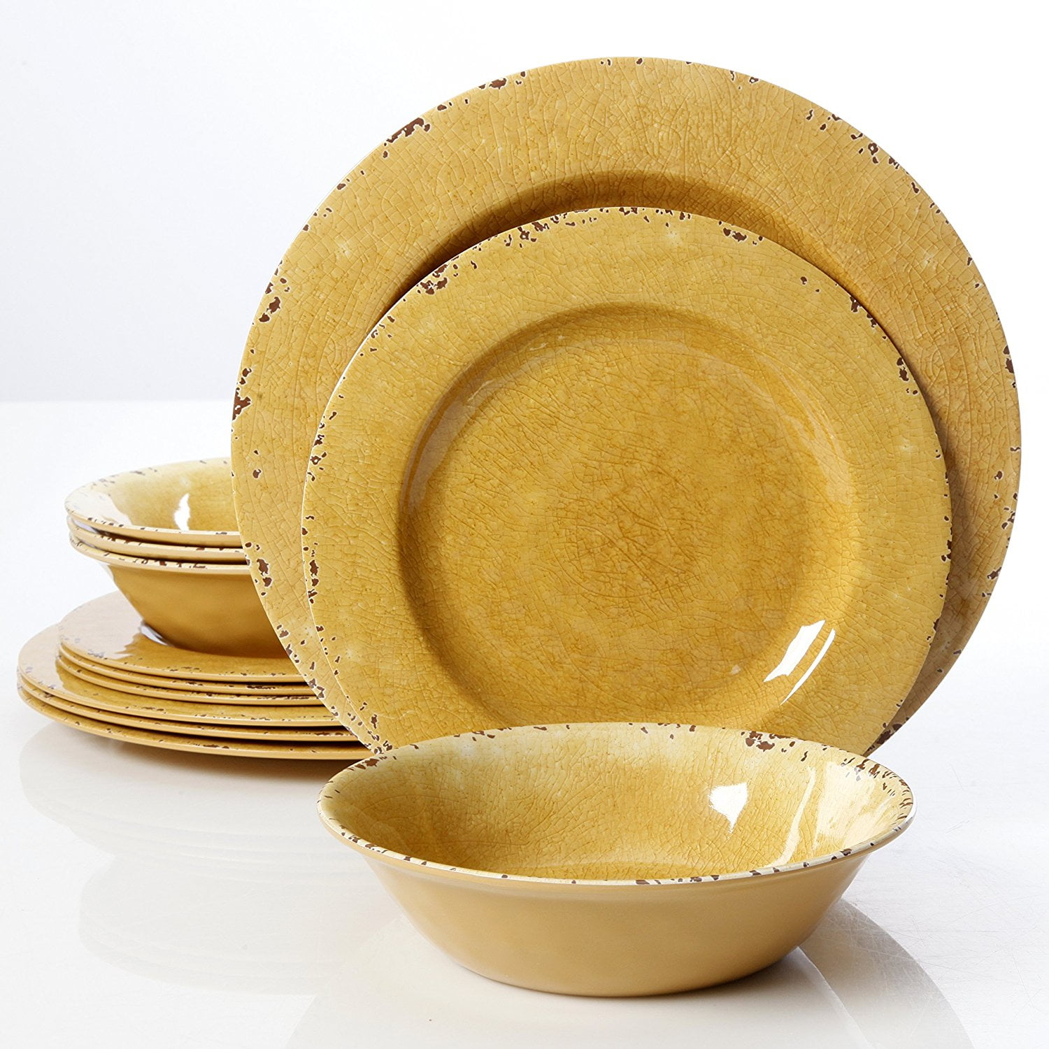 Golden Yellow Crackle Design Melamine Dinnerware Set, Service for 4