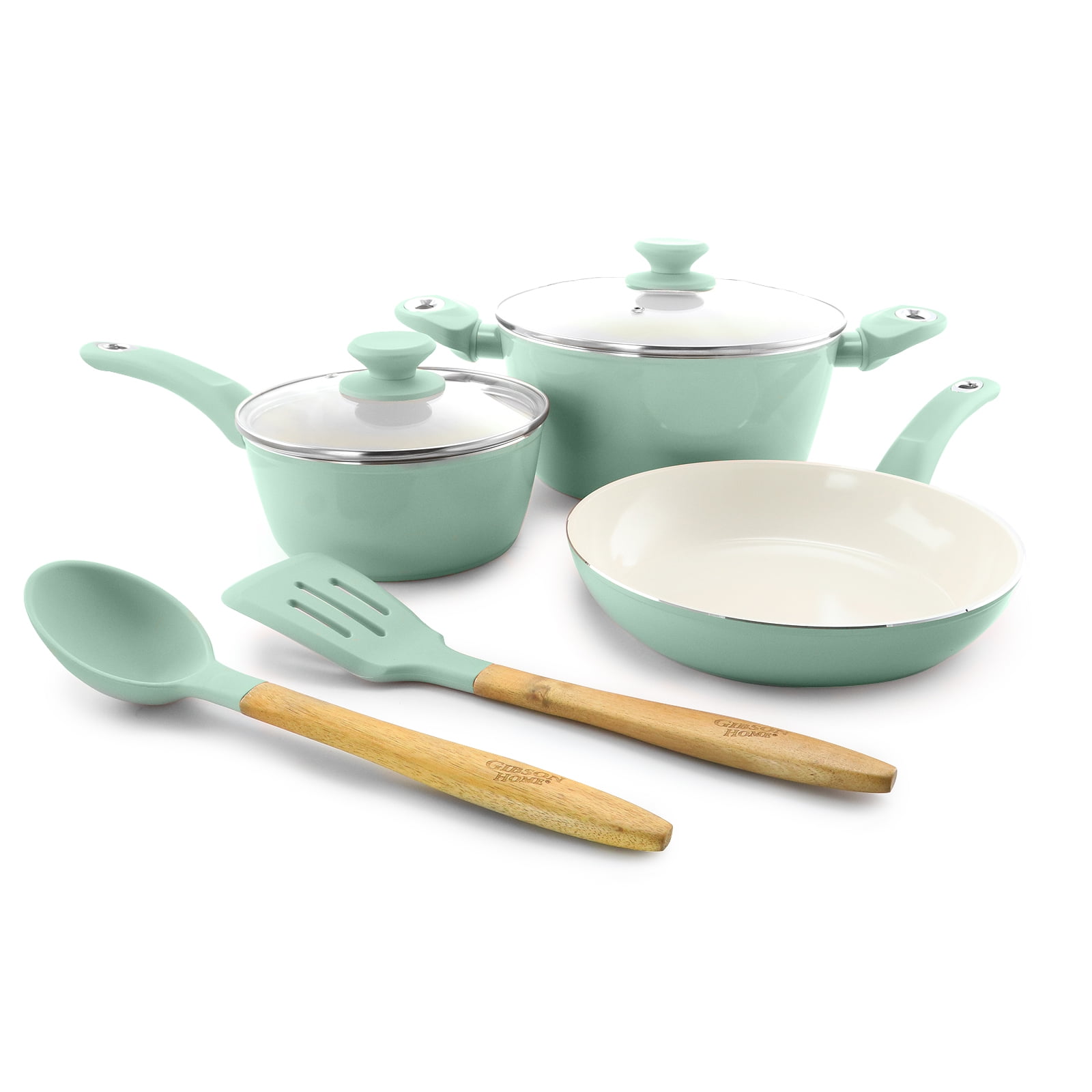 Sky Blue Aluminum Nonstick 7-Piece Cookware Set with Wooden Handles