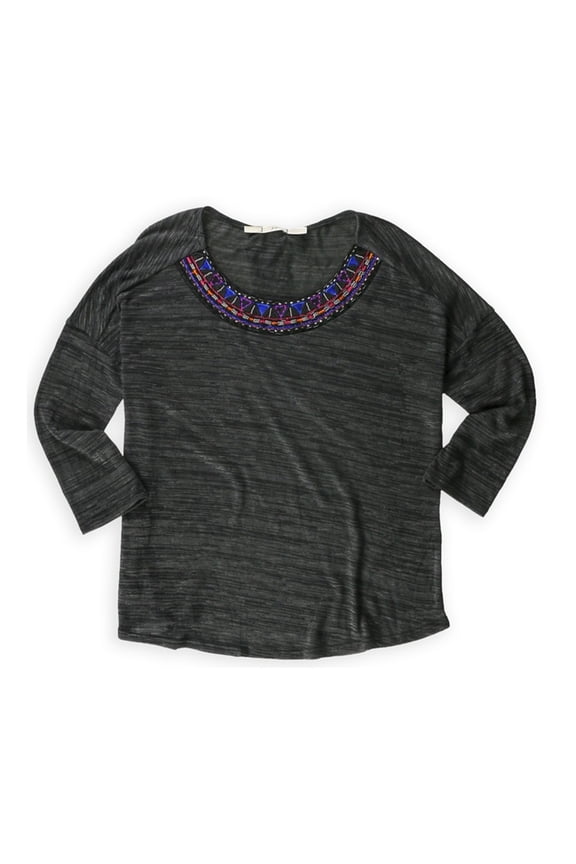 Womens Native Beaded Embellished T-Shirt, Black, Small
