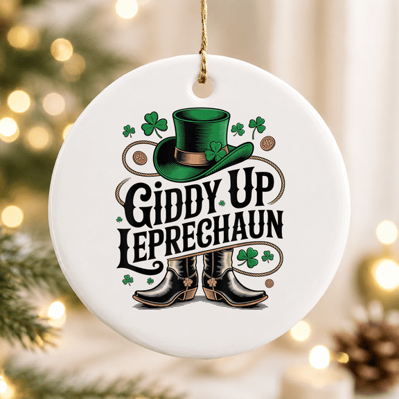 Giddy Up Leprechaun Western Cowboy Boots St Patricks Christmas Ornament, Holiday Keepsake Gift, Ceramic Ornament