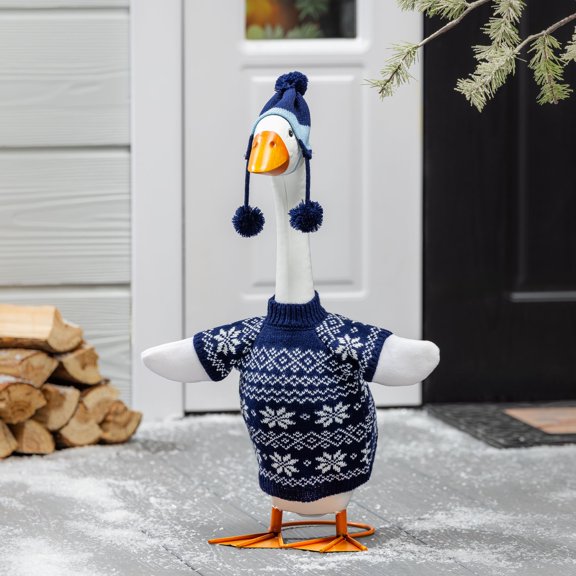 Evergreen Giddy the Porch Goose Winter Outfit Nordic Snowflake Blue Sweater Tacky Christmas Holiday Sweater for 21 Inch Garden Goose Statues
