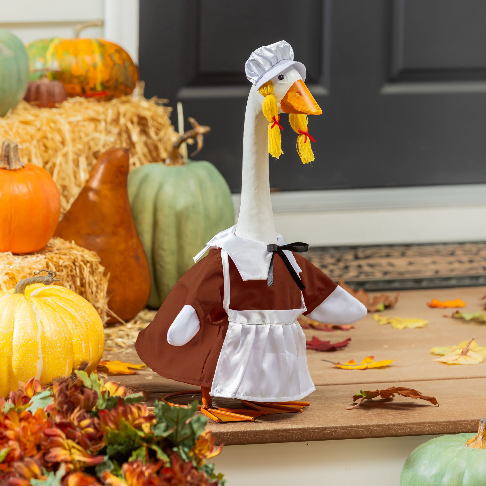 Evergreen Porch Goose Outfit for Giddy the Goose, Harvest Pilgrim Couple Decorative Clothes Costume for 21" Garden Geesse Statues, Seasonal Home Dcor