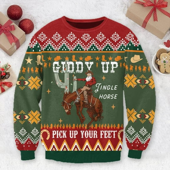 Giddy up Jingle Horse Cowboy Christmas Ugly Sweater Cowboy Sweatshirt Retro Christmas Crewneck Shirt, Xmas Gift for Dad, Cowgirl Shirt
