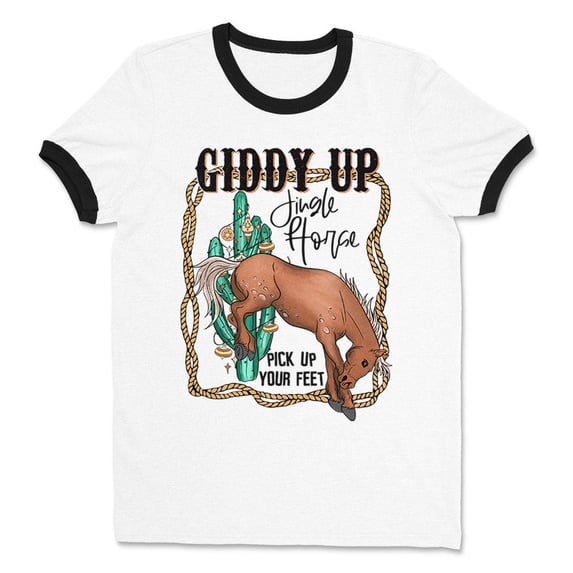 Giddy up Jingle Horse Ringer Tee Shirt Unisex Large White/Black