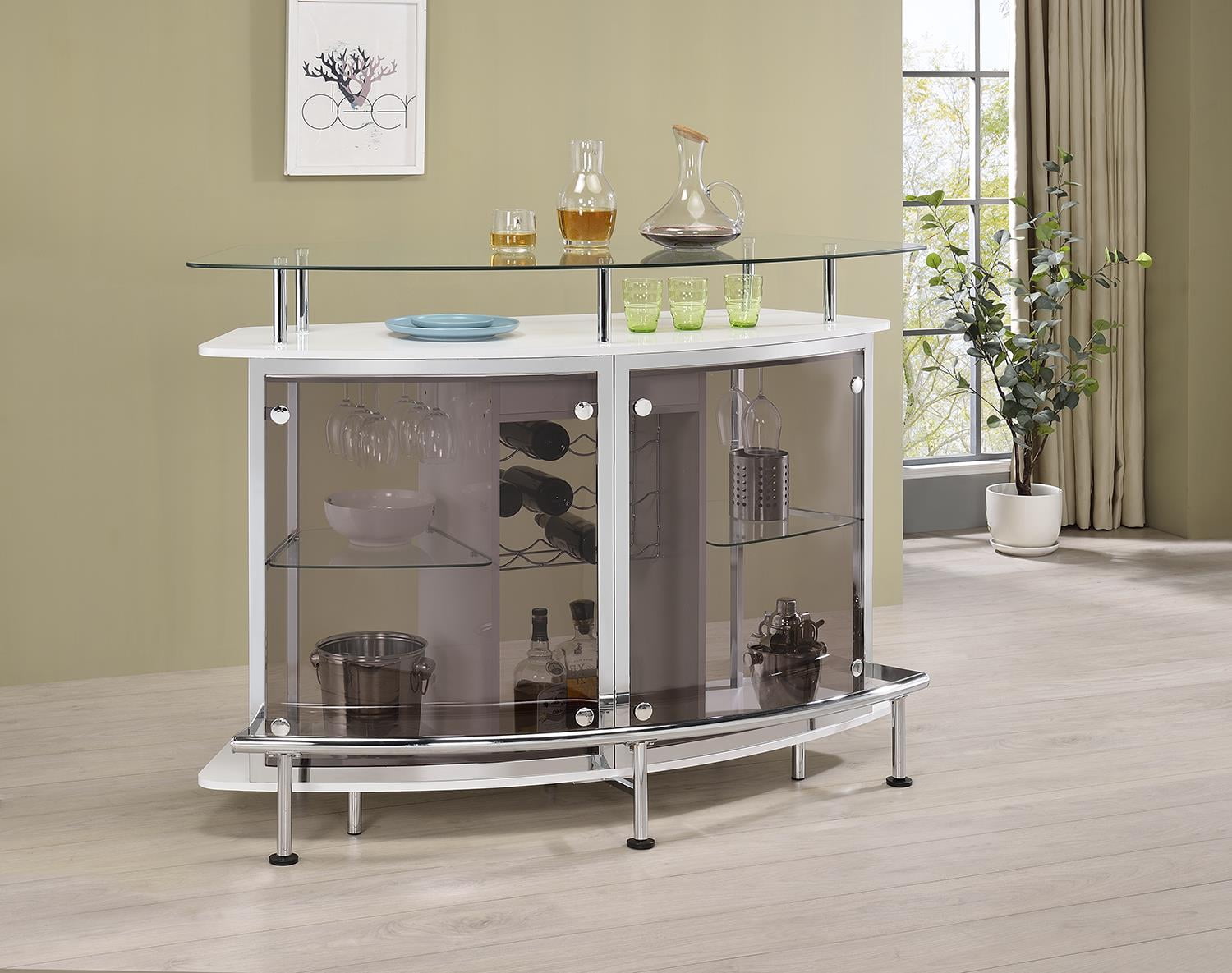 Coaster Gideon Glass Top Wood Bar Unit White High Gloss and Chrome