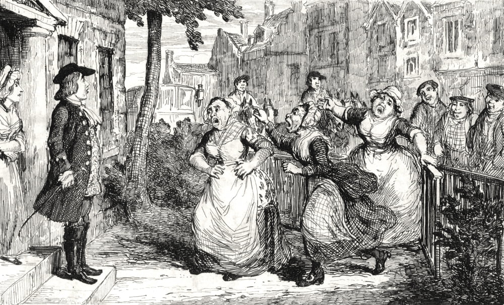 Gideon Gray Addressing The Middlemas Wives Engraving By George Cruikshank Dated 1846 Of A Scene From Sir Walter Scotts Story The Surgeons Daughter Canvas Art - Ken Welsh Design Pics (36 x 22)