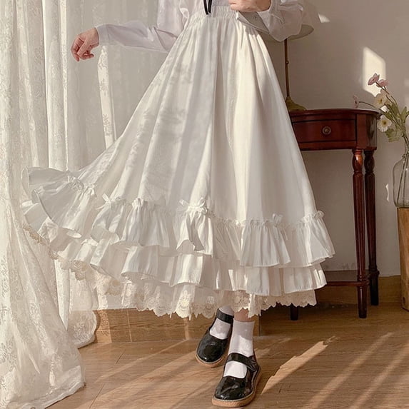 Gidyq Vintage Lace Patchwork Black Skirt Women French Elegant Ruffles A Line Skirt Female Japanese Fashion Lolita Midi Skirt