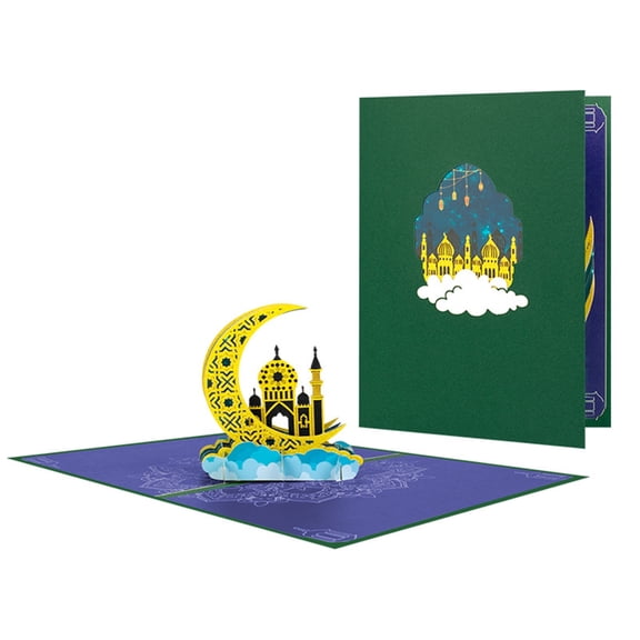 Gieenan 3-in-1 3D Eid Moon Card Set with Envelope & Small Card Popup Paper Greeting Card for Celebrating Eid & Gift Giving