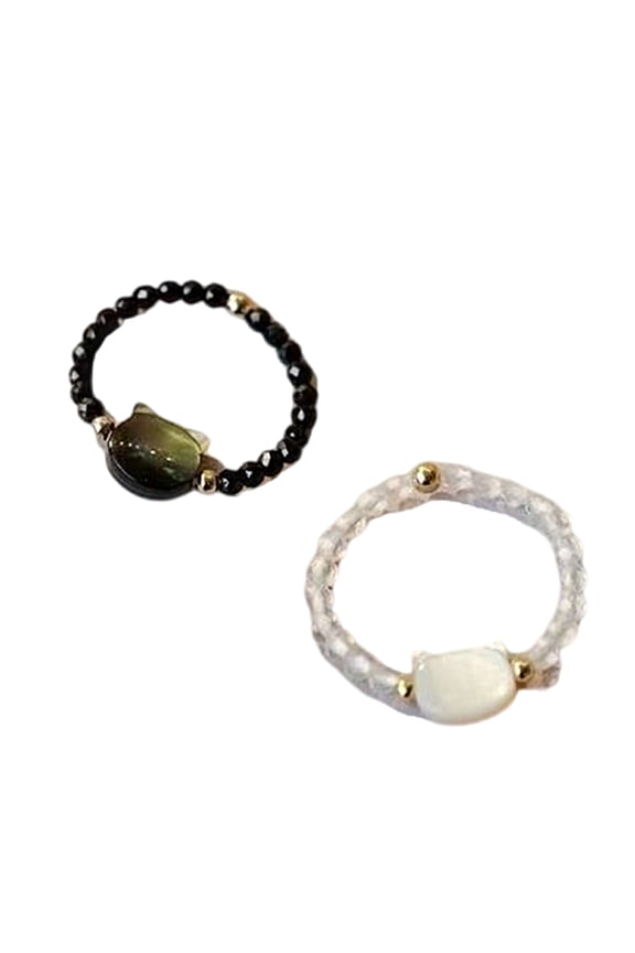 Pack Of 2 Black White Cats Ring Natural Moonstone Obsidian Rings Couple Jewelry