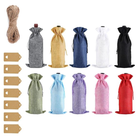 Gieenan Pack of 10 Washable Hemps Wine Bottle Bags for Quick Cleaning Champagne Pouches with Drawstring Protective Cover
