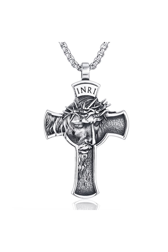 Retro Crown of Thorns Jesus Crucifix Necklace Jewelry for Mens Stainless Steel