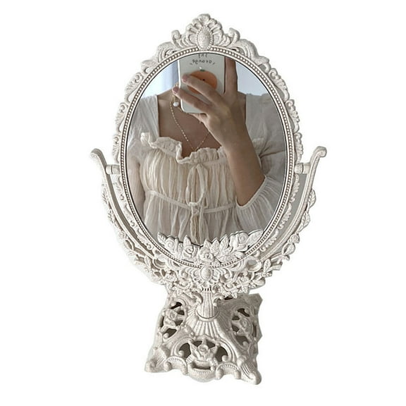 Gieenan Small Oval Make-up Mirror Nice Carved Flip Mirror Desktop Standing Glass Mirror
