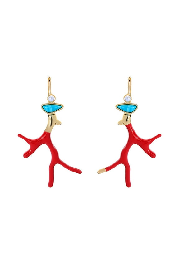 Trendy Red Enamel Drop Earrings Coral Antlers Pendant Dangle Earrings for Women