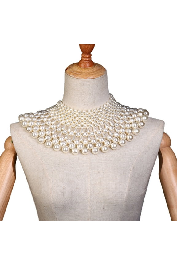 Wedding Dress Statement Necklace Fanshaped Pearl Beaded Bib Choker Collar Shawl