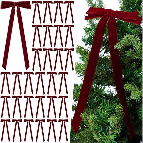 Giegxin 30 Pcs 7 x 5.1 Inches Velvet Bows for Christmas Tree Wreath Garland Ornaments Large Xmas Vintage Double Velvet Ribbon Bows for Xmas Home Decor Indoor Outdoor Holiday Decorations(Burgundy)