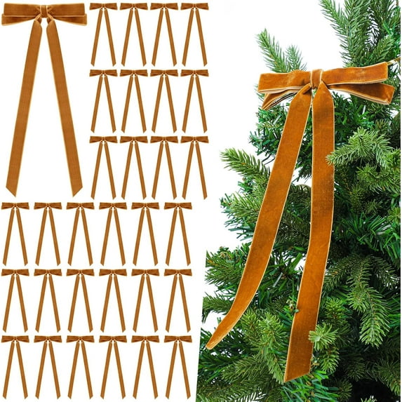 Giegxin 30 Pcs 7x 5.1 Inches Velvet Bows for Christmas Tree Wreath Garland Ornaments Large Xmas Vintage Double Velvet Ribbon Bows for Xmas Home Decor Indoor Outdoor Holiday Decorations(Camel)