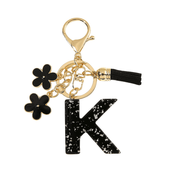 Gierzijia Black Flower Initial Letter Keychain Tassel Pendant Key Chain, Fashion Alphabet Key Ring Accessories