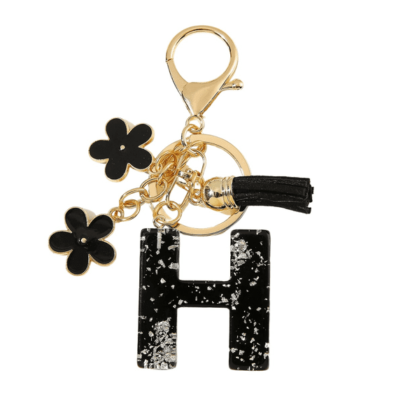Gierzijia Black Flower Initial Letter Keychain Tassel Pendant Key Chain, Fashion Alphabet Key Ring Accessories