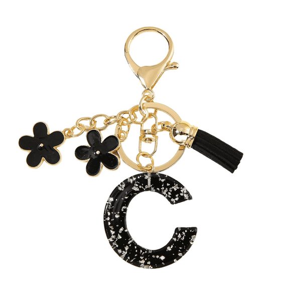 Gierzijia Black Flower Initial Letter Keychain Tassel Pendant Key Chain, Fashion Alphabet Key Ring Accessories