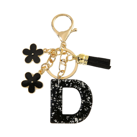 Gierzijia Black Flower Initial Letter Keychain Tassel Pendant Key Chain, Fashion Alphabet Key Ring Accessories