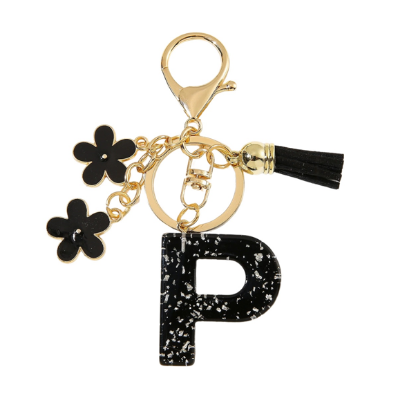 Gierzijia Black Flower Initial Letter Keychain Tassel Pendant Key Chain, Fashion Alphabet Key Ring Accessories