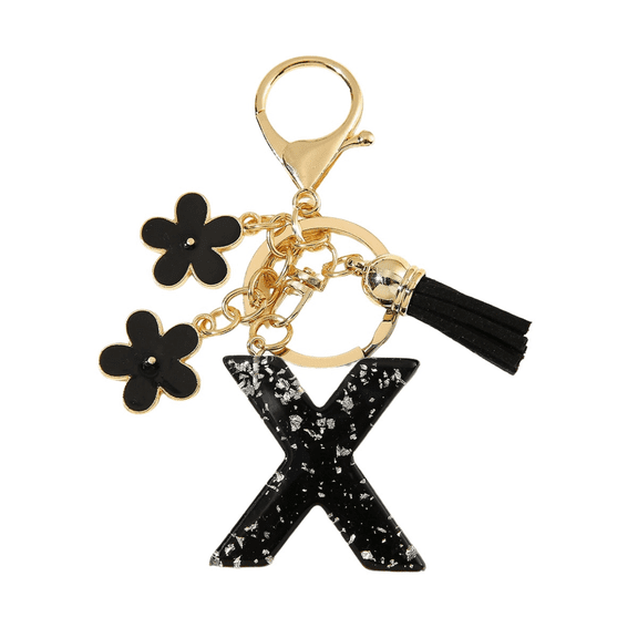 Gierzijia Black Flower Initial Letter Keychain Tassel Pendant Key Chain, Fashion Alphabet Key Ring Accessories